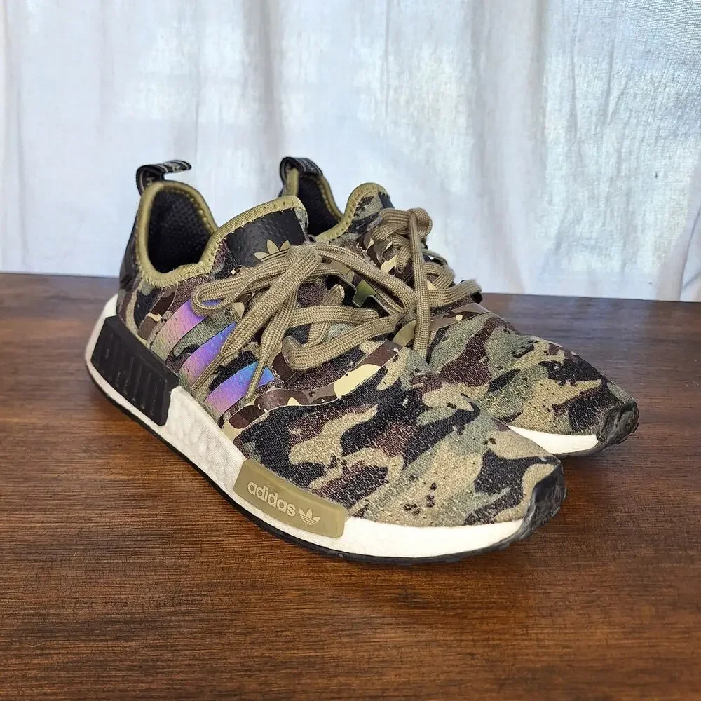 Adidas NMD_R1 Cargo Camo sneakers in woodland camo print iridescent stripes 7.5
